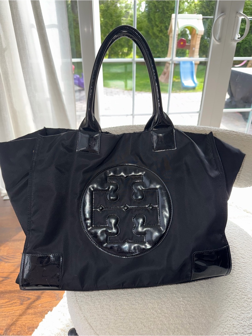 Tory Burch Black Patent-Trim Logo Tote